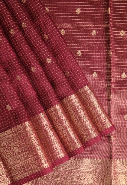 Cherry Red Banaras Sarees with Gold Zari Checks And Puttas