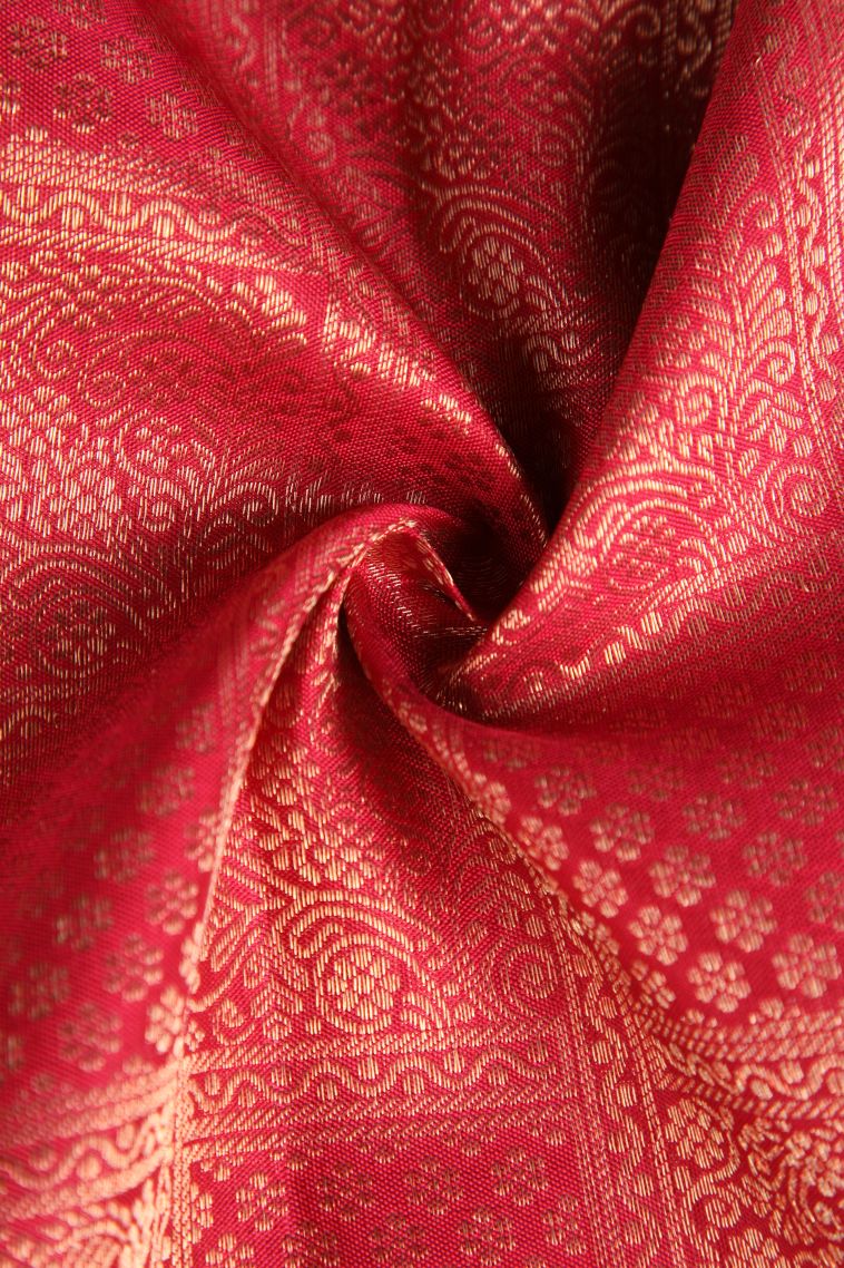 Dawn Red Kanchipuram Silk Sarees with Gold Zari Floral Puttas view 4