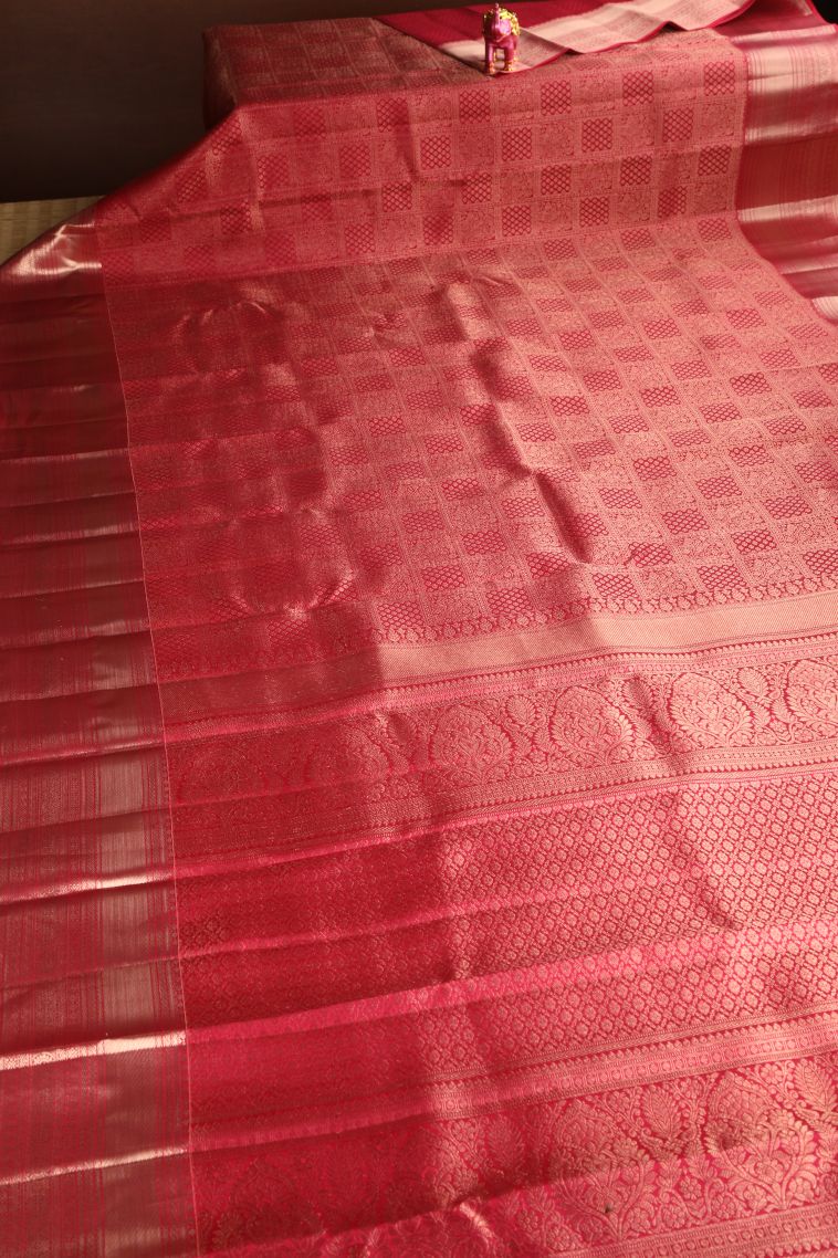 Dawn Red Kanchipuram Silk Sarees with Gold Zari Floral Puttas view 2