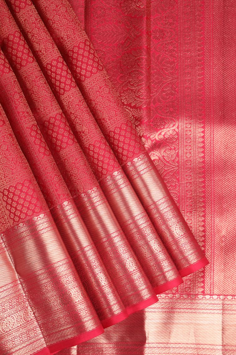 Dawn Red Kanchipuram Silk Sarees with Gold Zari Floral Puttas view 1
