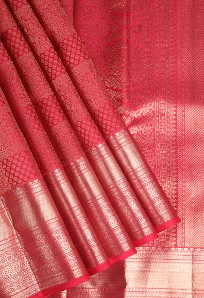Dawn Red Kanchipuram Silk Sarees with Gold Zari Floral Puttas