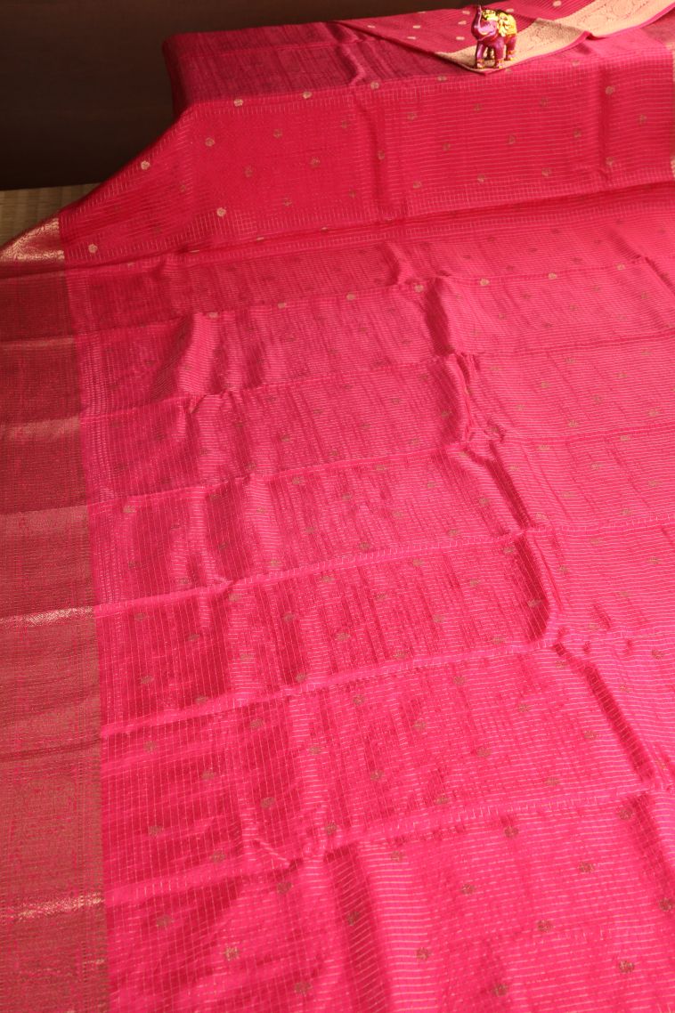 Rouge Pink Banaras Sarees with Gold Zari Checks And Puttas view 2