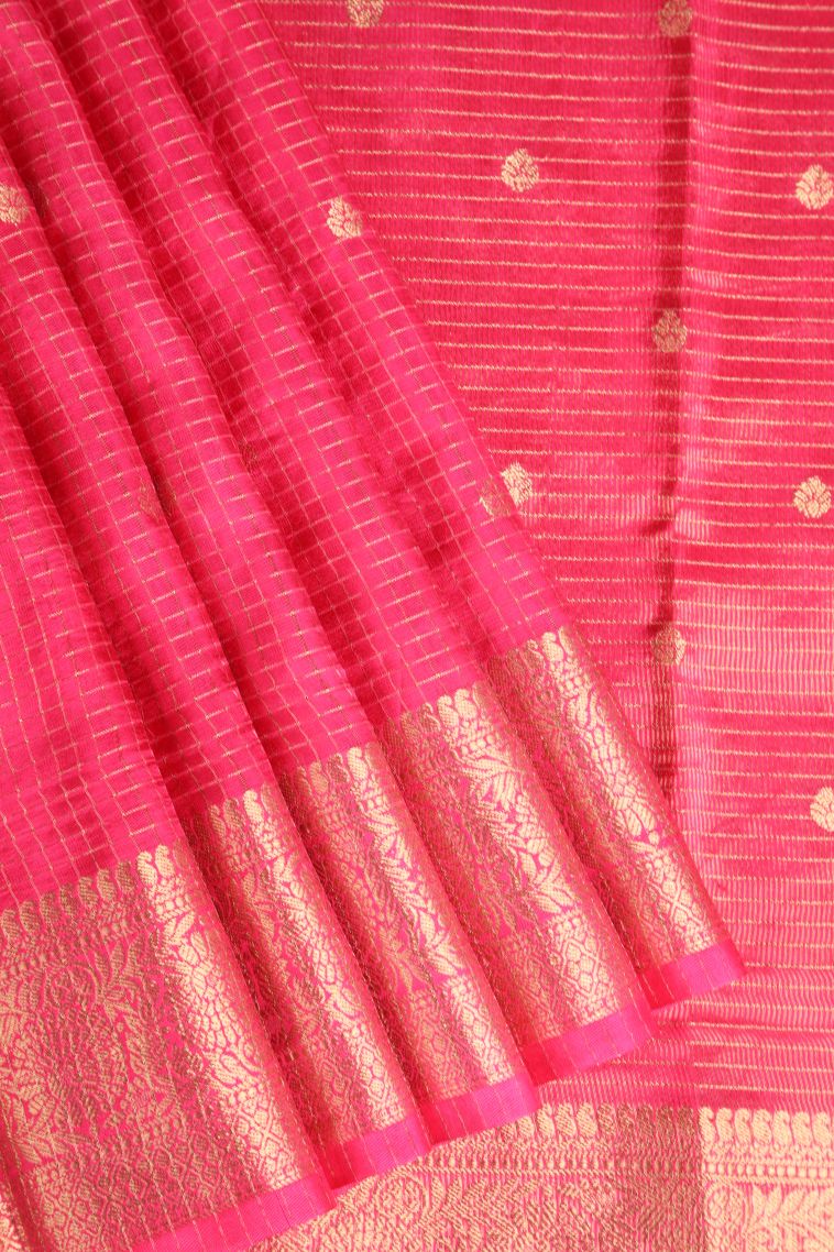 Rouge Pink Banaras Sarees with Gold Zari Checks And Puttas view 1