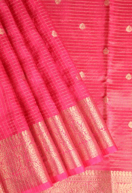 Rouge Pink Banaras Sarees with Gold Zari Checks And Puttas