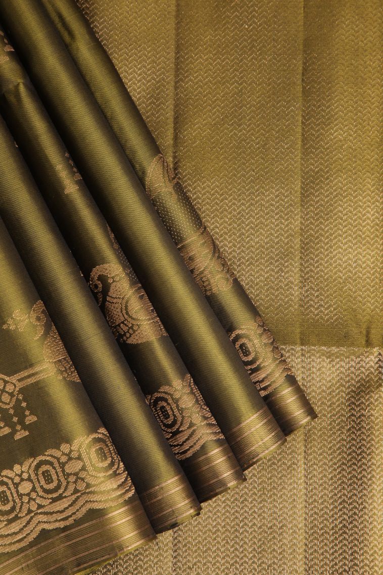 Paris Green Soft Silk Saree with Gold Zari Peacock Motifs view 1