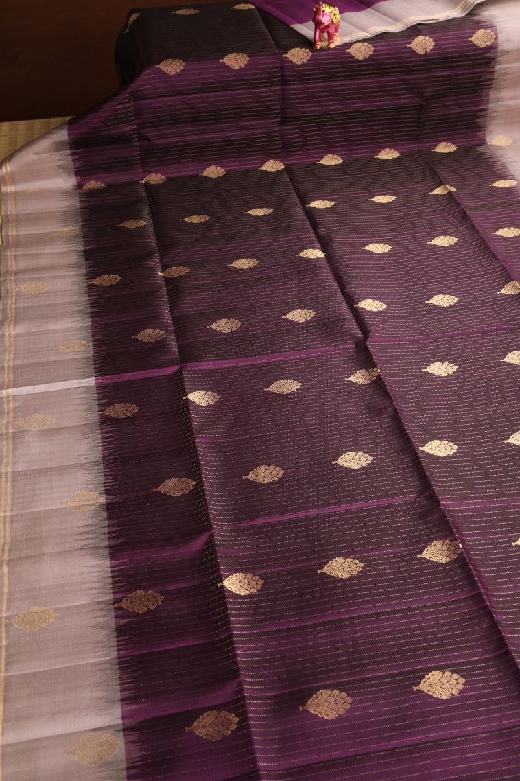 Bosenberry Purple Soft Silk Saree with Gold Zari Floral Patterns view 2