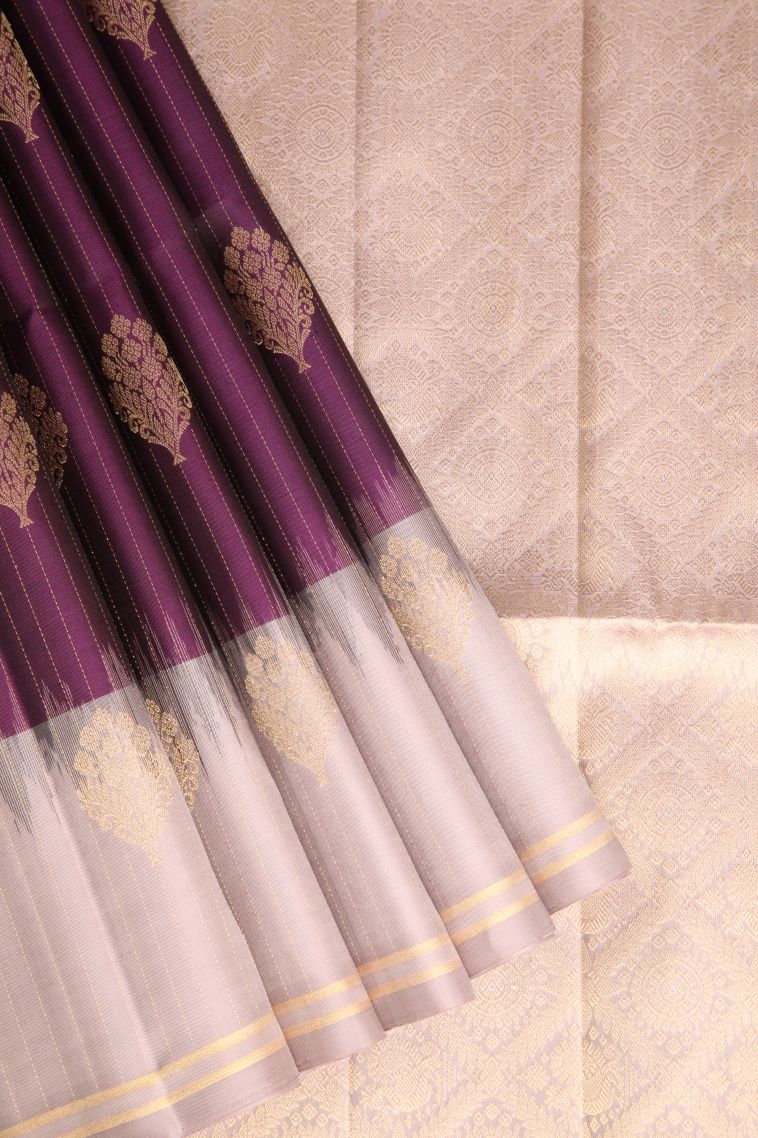 Bosenberry Purple Soft Silk Saree with Gold Zari Floral Patterns view 1