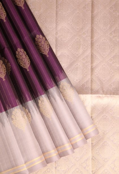 Bosenberry Purple Soft Silk Saree with Gold Zari Floral Patterns