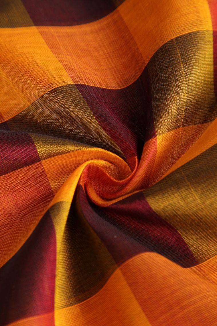 Carrot Orange Silk Cotton with Gold Zari Checks view 4