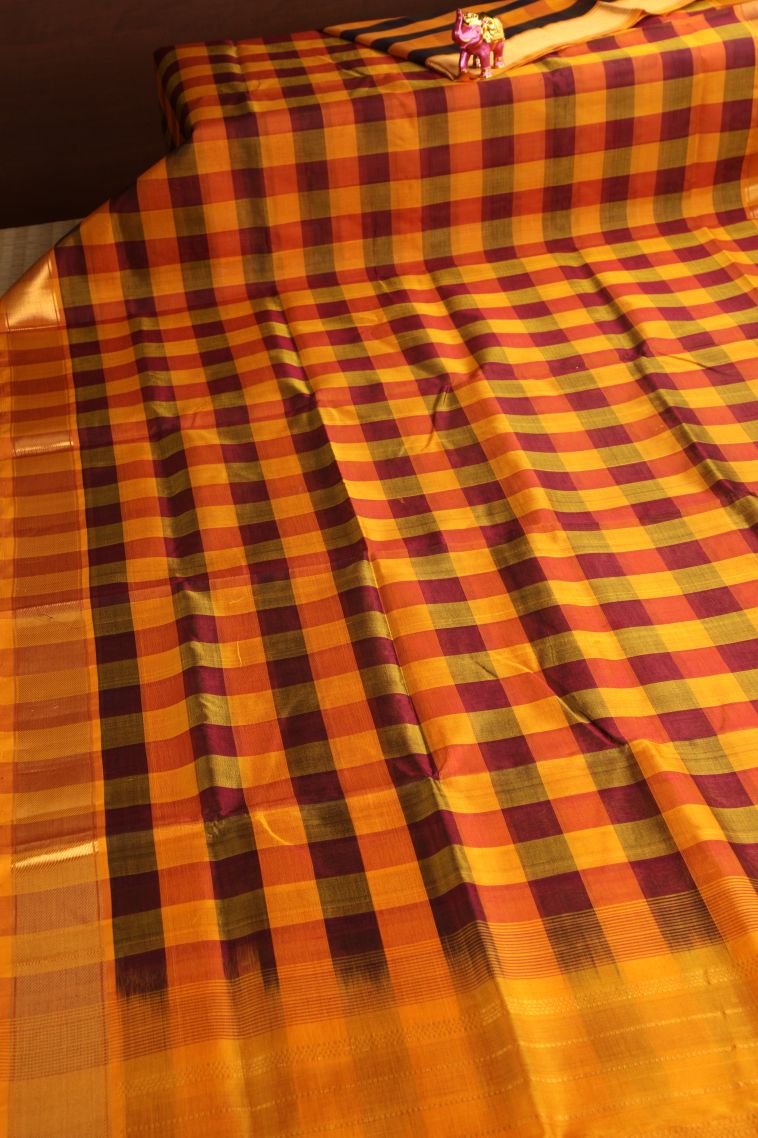 Carrot Orange Silk Cotton with Gold Zari Checks view 2