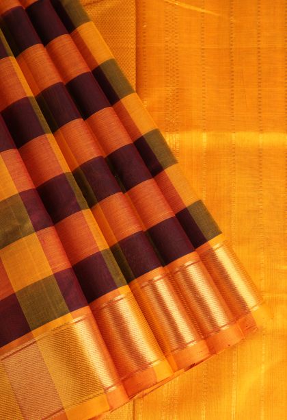 Carrot Orange Silk Cotton with Gold Zari Checks