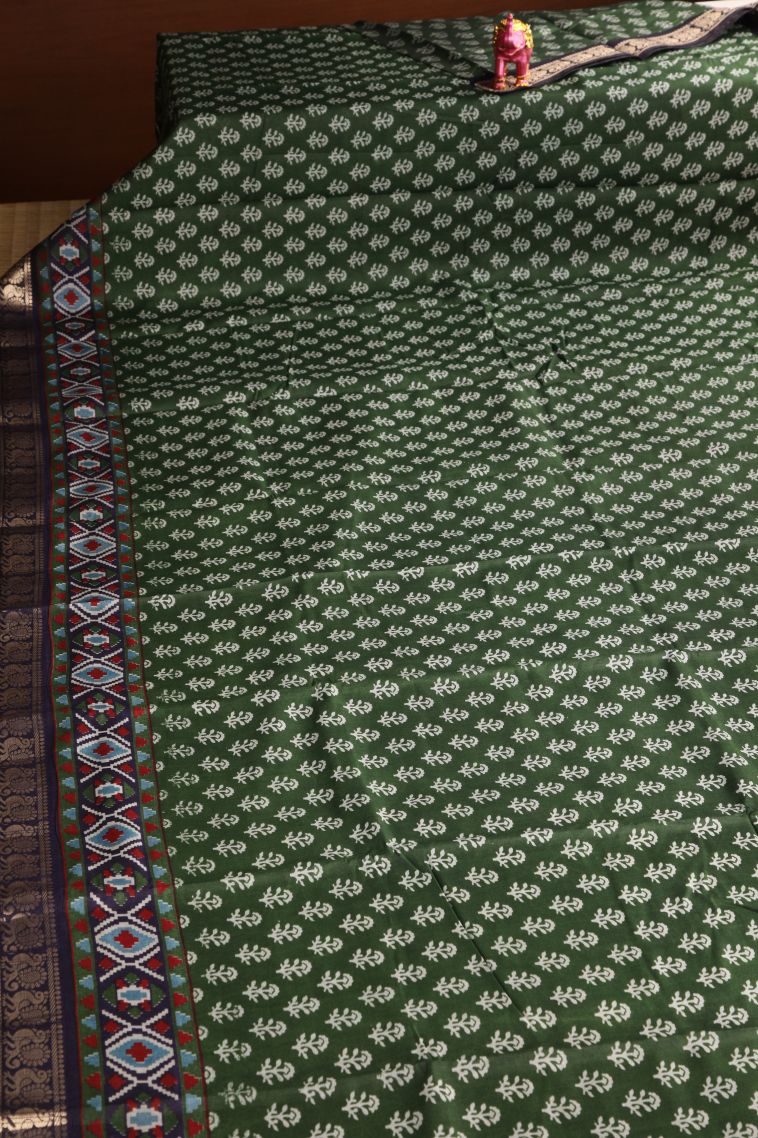Juniper Green Maheswari Cotton Saree with Gold Zari Floral Patterns view 2