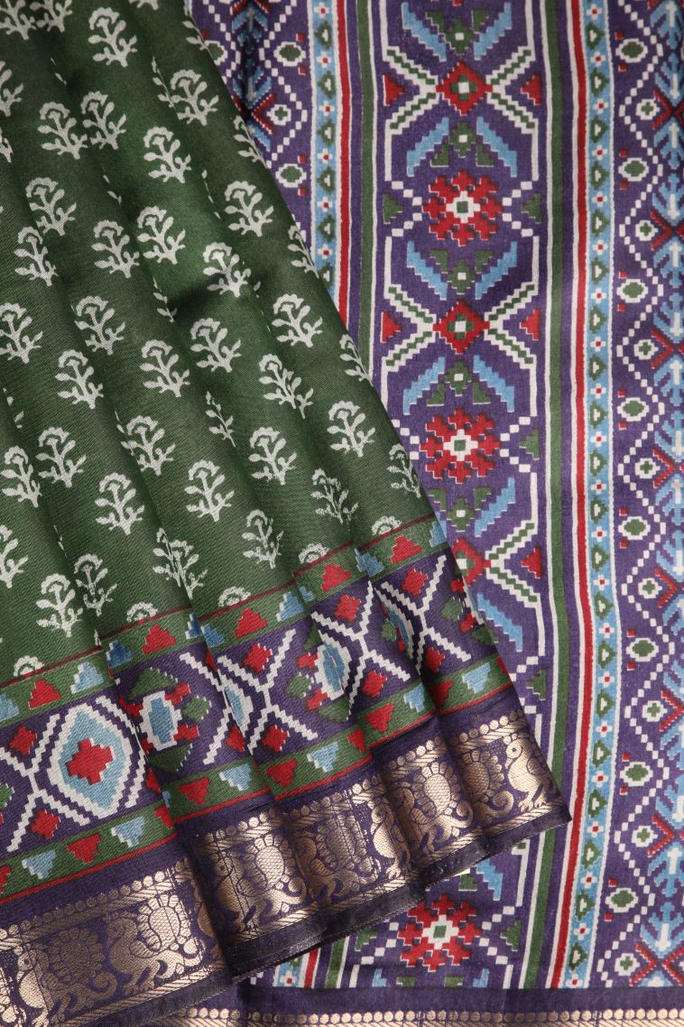 Juniper Green Maheswari Cotton Saree with Gold Zari Floral Patterns view 1