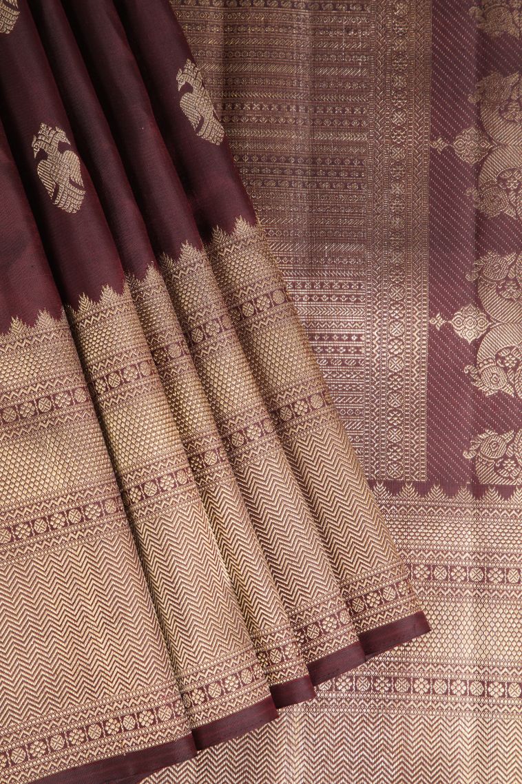 Bindi Red Kanchipuram Silk Sarees with Gold Zari Birds Mottif view 1