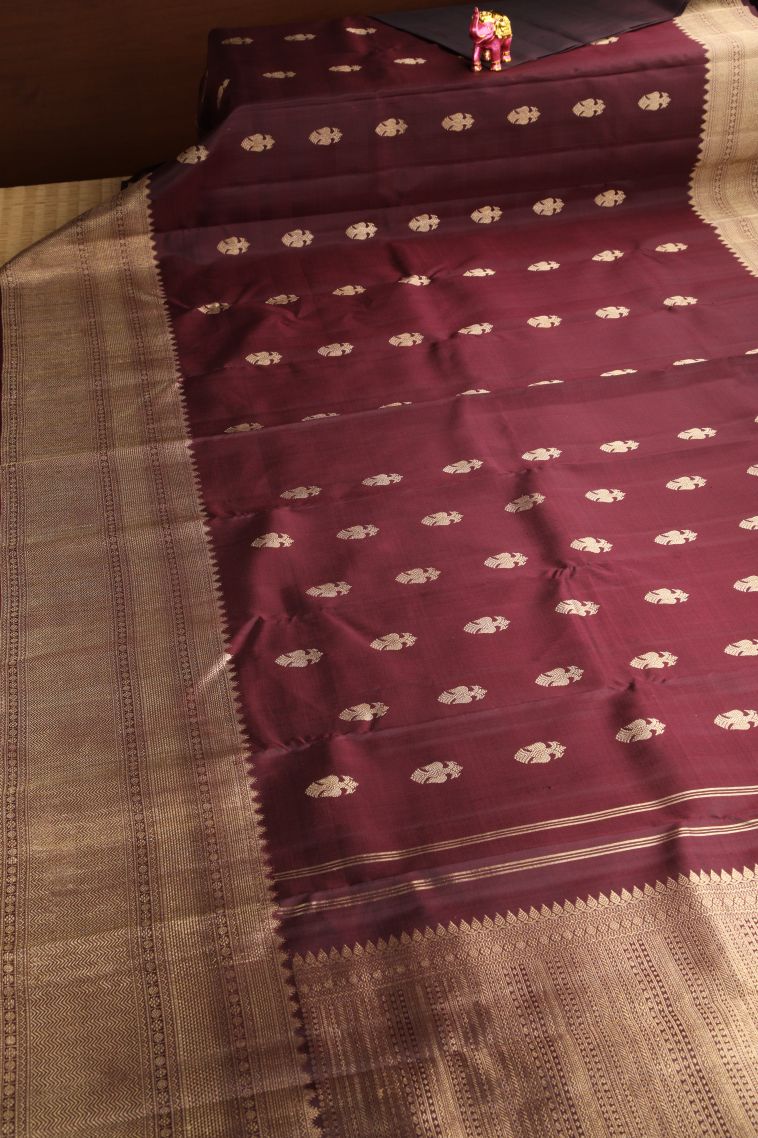 Bindi Red Kanchipuram Silk Sarees with Gold Zari Birds Mottif view 2
