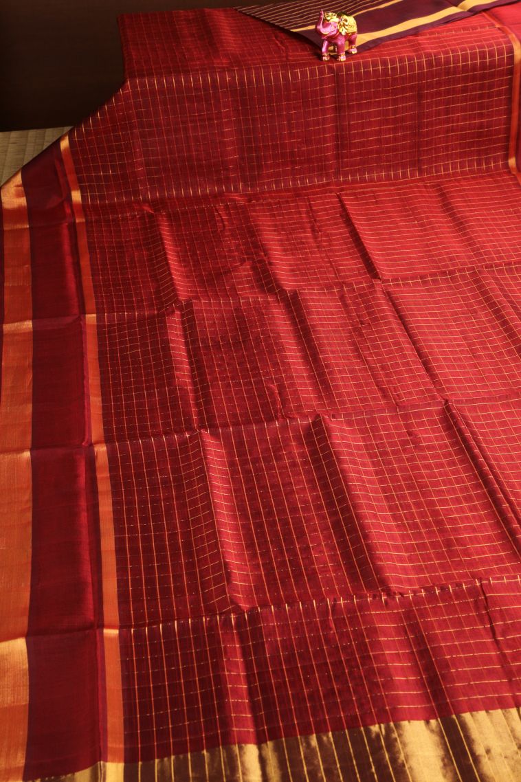 Dawn Red Silk Cotton with Gold Zari Checks view 2