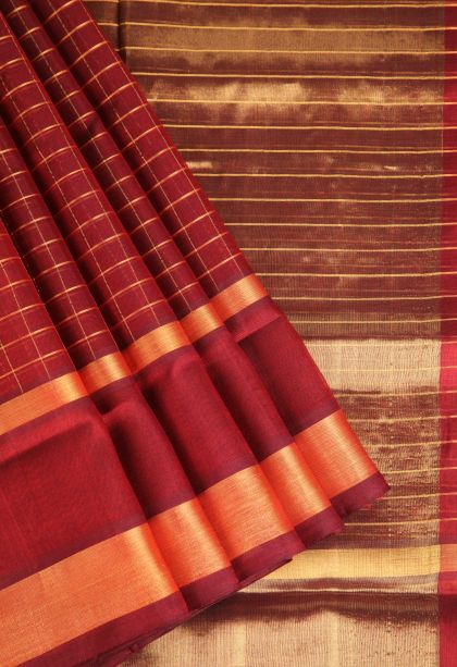 Dawn Red Silk Cotton with Gold Zari Checks