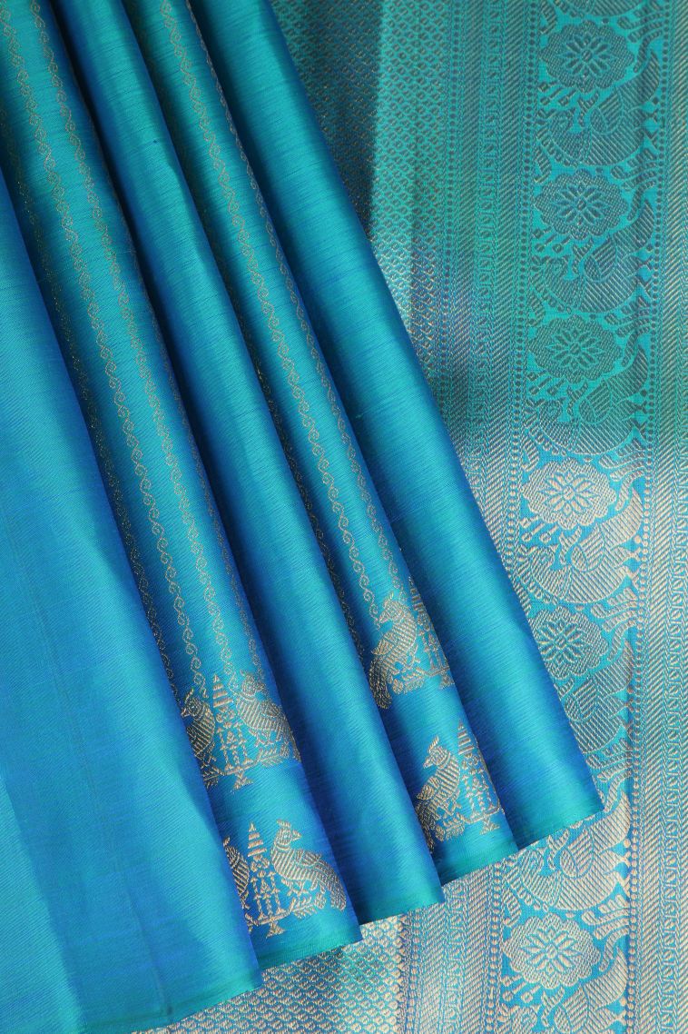 Cerulean Blue Kanchipuram Silk Sarees with Gold Zari Birds Mottif view 1
