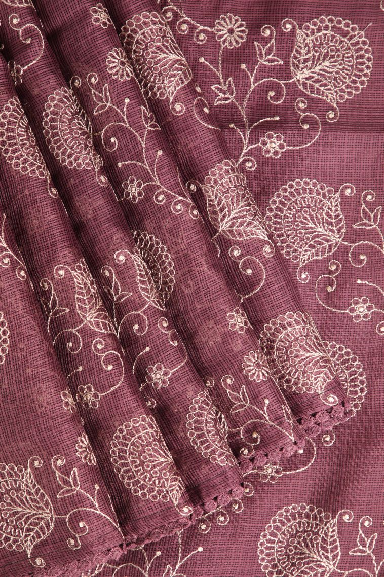 Rosewood Pink Manipuri Cotton Sarees with Without Zari Zari Floral Patterns view 1