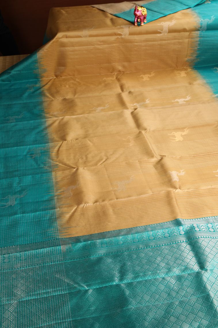 Sepia Yellow Soft Silk Saree with Gold And Silver Zari Animal  Mottif view 2