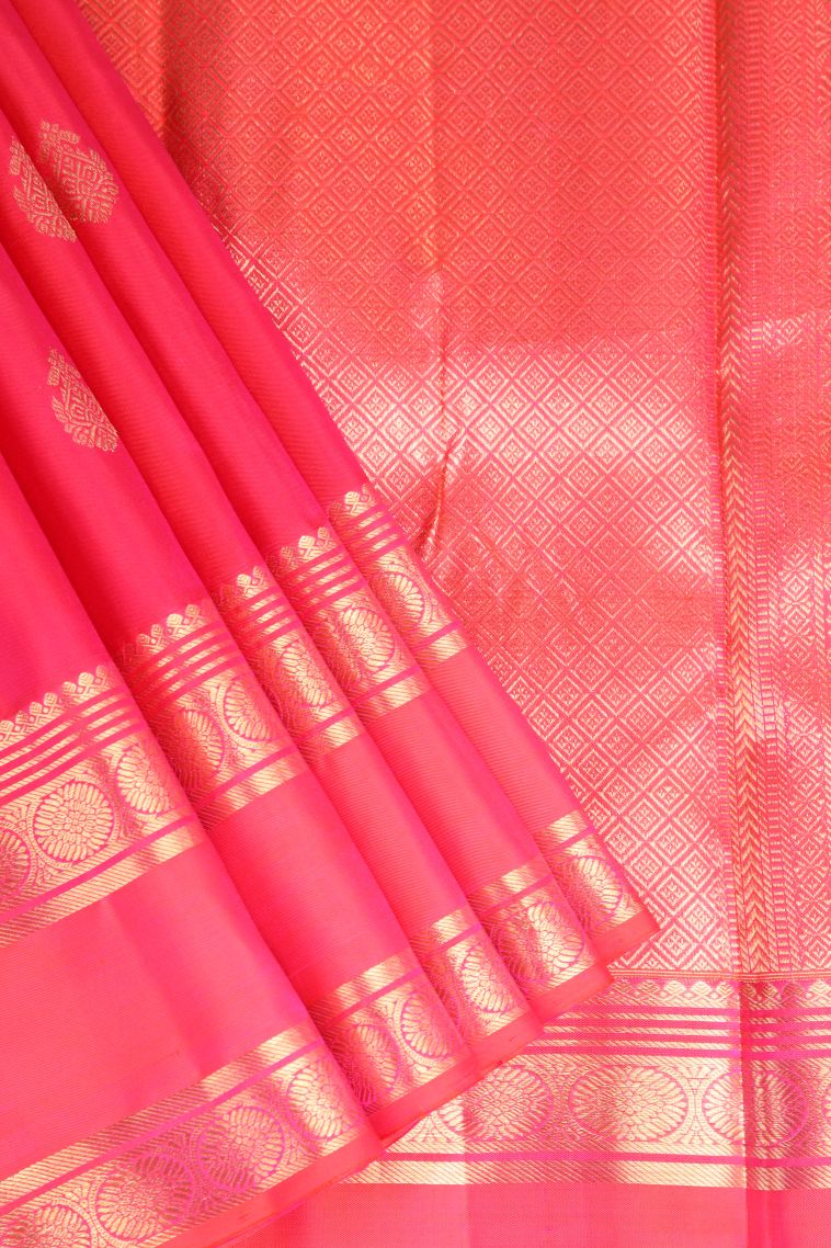 Strawberry Pink Kanchipuram Silk Sarees with Gold Zari Checks view 1