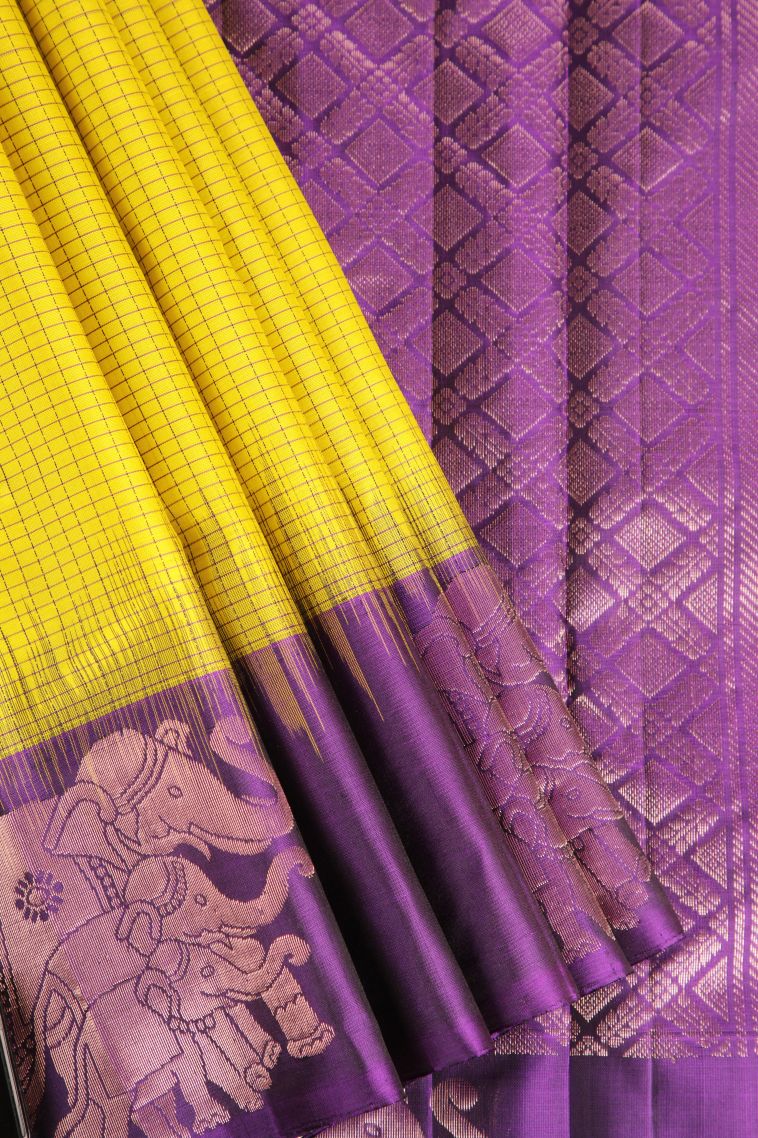 Lemon Yellow Soft Silk Saree with Thread Zari Checked  Threap view 1