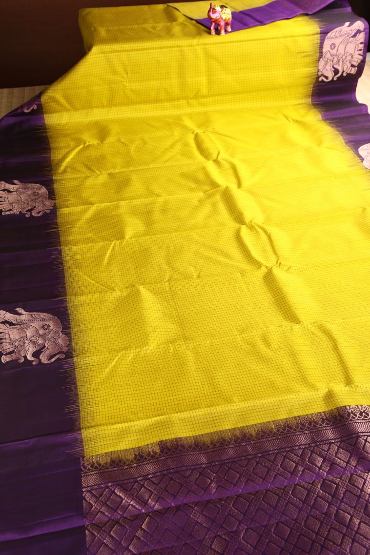 Lemon Yellow Soft Silk Saree with Thread Zari Checked  Threap view 2