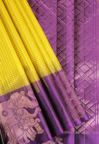 Lemon Yellow Soft Silk Saree with Thread Zari Checked  Threap