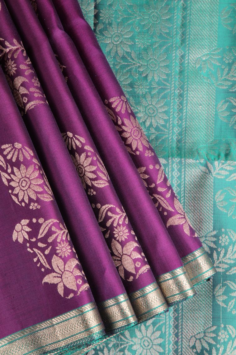 Magenta Purple Soft Silk Saree with Gold Zari Floral Patterns view 1