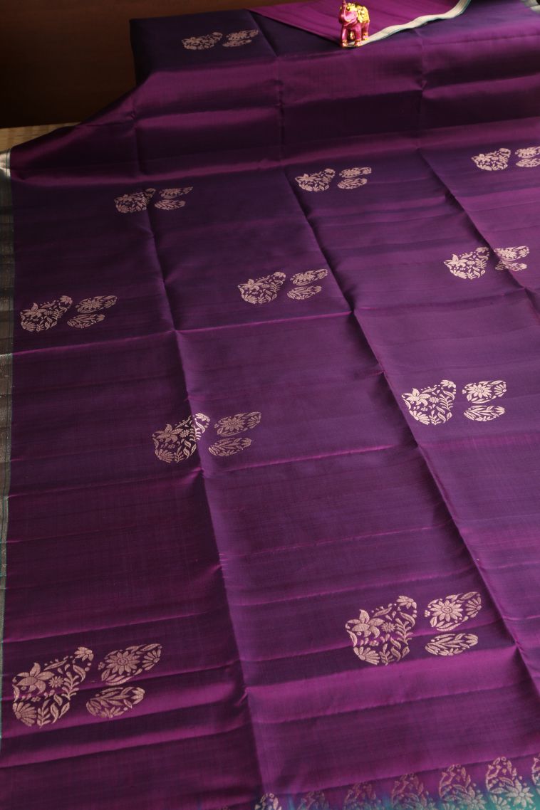 Magenta Purple Soft Silk Saree with Gold Zari Floral Patterns view 2