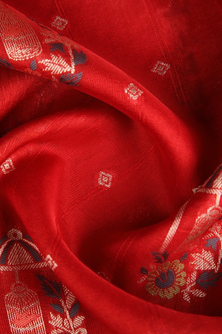 Dawn Red Banaras Sarees with Silver Zari Birds And Floral Pattern view 4