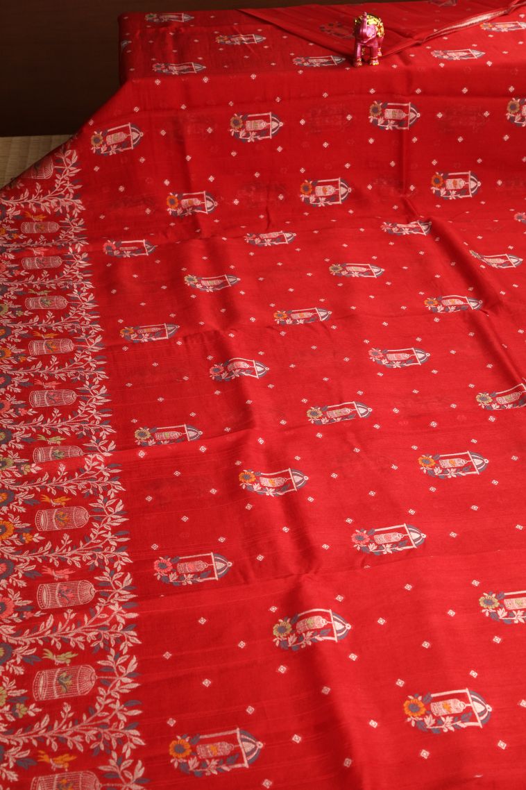 Dawn Red Banaras Sarees with Silver Zari Birds And Floral Pattern view 2