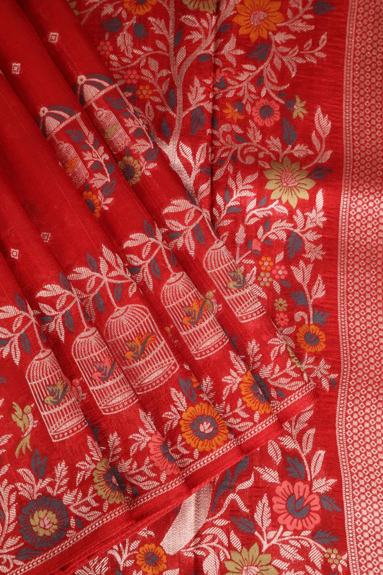 Dawn Red Banaras Sarees with Silver Zari Birds And Floral Pattern view 1