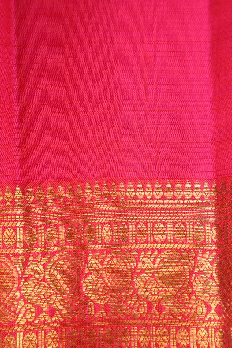 Magenta Purple Kanchipuram Silk Sarees with Gold Zari Peacock And Rudhractam view 3