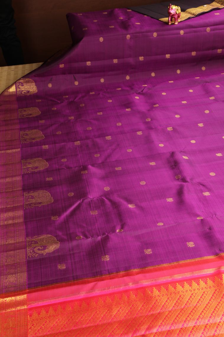 Magenta Purple Kanchipuram Silk Sarees with Gold Zari Peacock And Rudhractam view 2