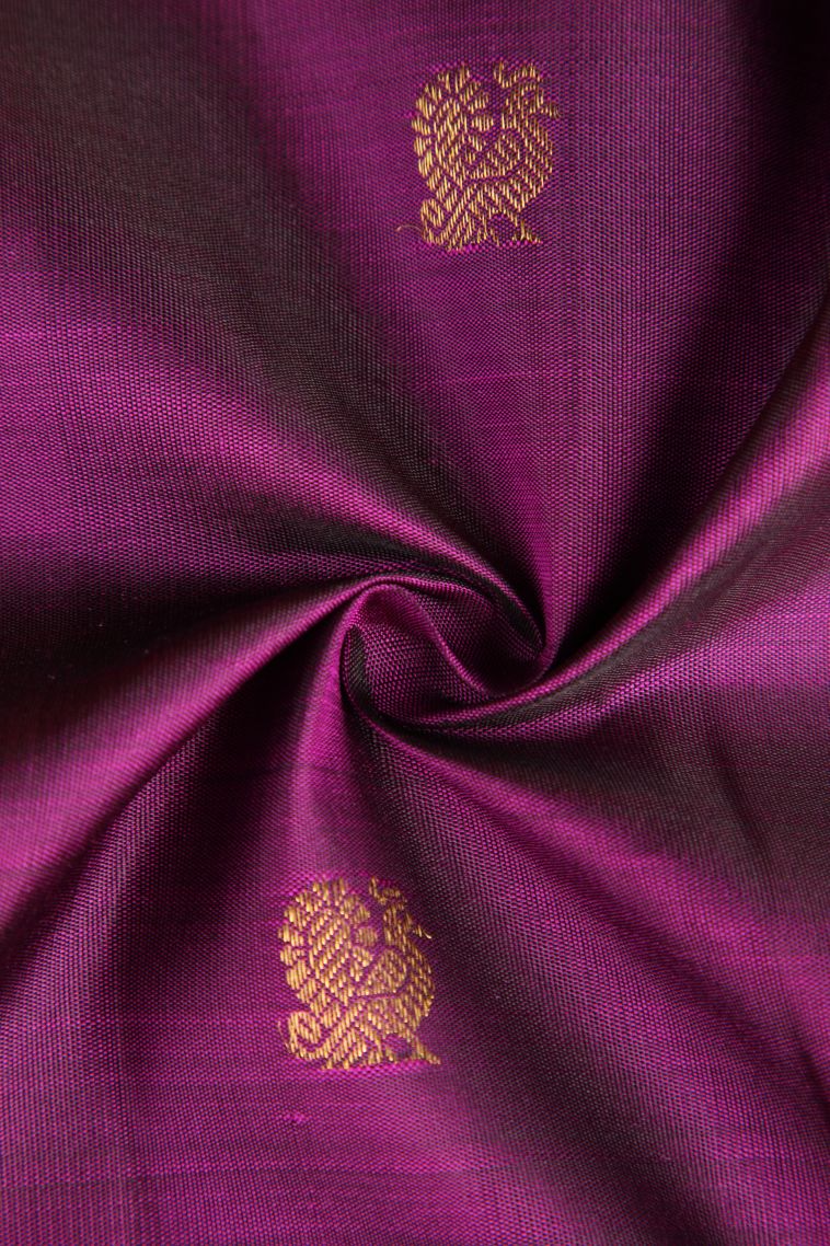 Magenta Purple Kanchipuram Silk Sarees with Gold Zari Peacock And Rudhractam view 4