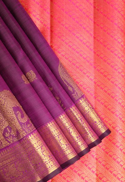 Magenta Purple Kanchipuram Silk Sarees with Gold Zari Peacock And Rudhractam