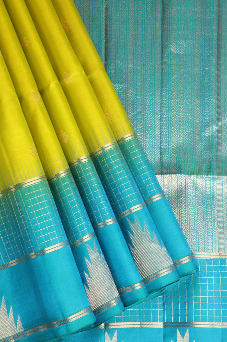 Lime Green Soft Silk Saree with Gold Zari Floral Puttas view 1