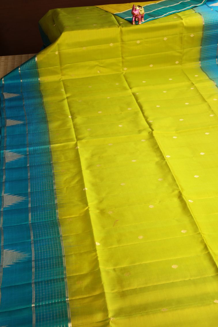 Lime Green Soft Silk Saree with Gold Zari Floral Puttas view 2
