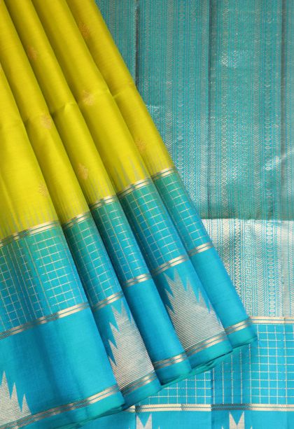 Lime Green Soft Silk Saree with Gold Zari Floral Puttas