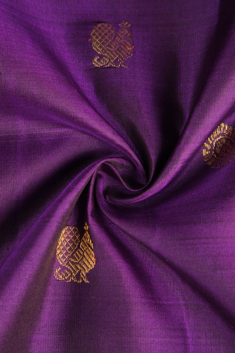 Viola Purple Kanchipuram Silk Sarees with Gold Zari Peacock And Rudhractam view 4