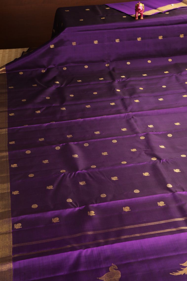 Viola Purple Kanchipuram Silk Sarees with Gold Zari Peacock And Rudhractam view 2