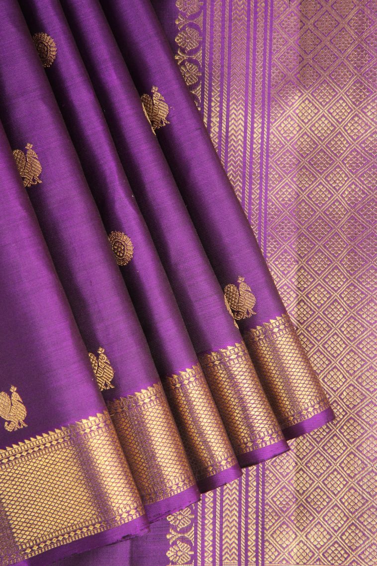 Viola Purple Kanchipuram Silk Sarees with Gold Zari Peacock And Rudhractam view 1