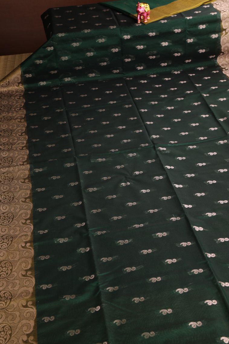 Seaweed Green Silk Cotton Sarees with Silver Zari Floral Patterns view 2