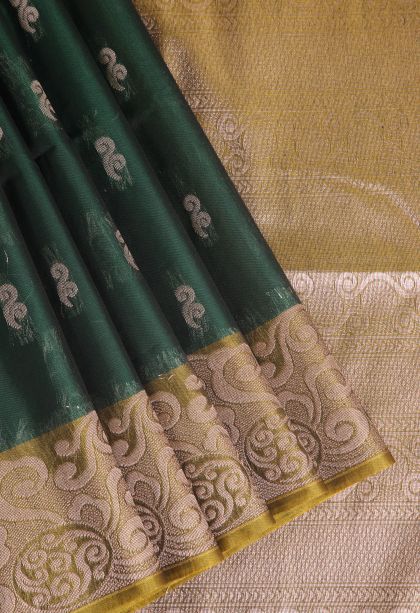 Seaweed Green Silk Cotton Sarees with Silver Zari Floral Patterns