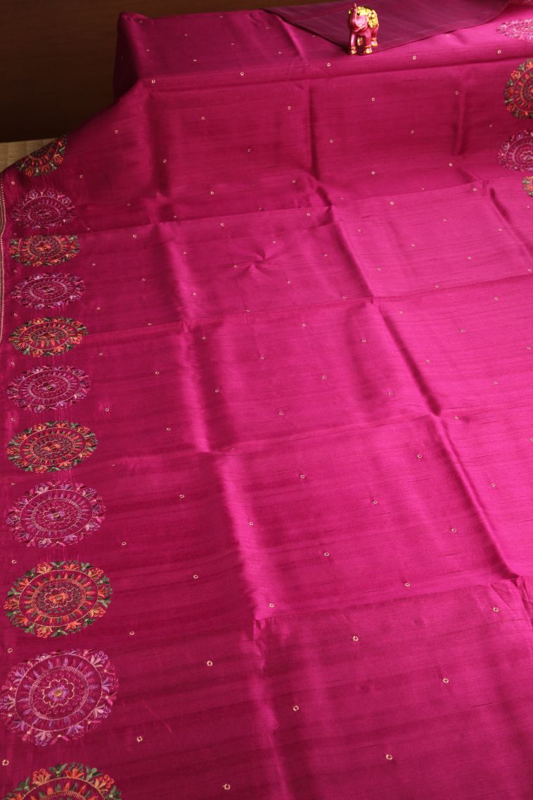 Magenta  Pink Semi Tussar Silk with Without Zari Zari Embroidary view 2