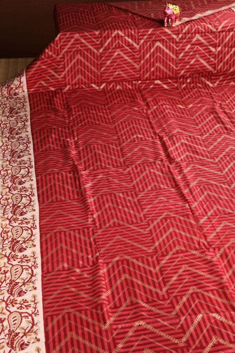 Dawn Red Semi Raw Silk Printed with Without Zari Zari Floral Puttas view 2