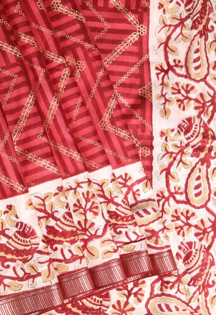 Dawn Red Semi Raw Silk Printed with Without Zari Zari Floral Puttas