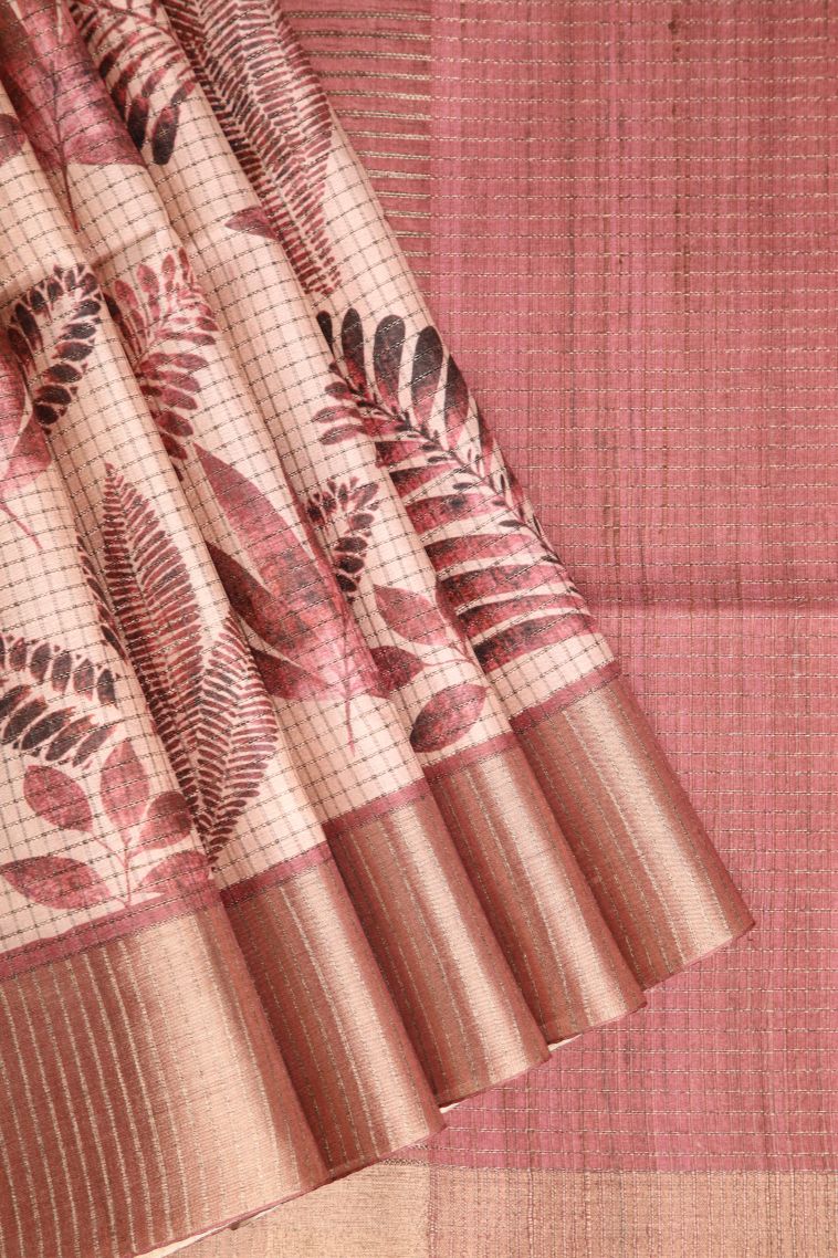 Flamingo Pink Semi Tussar Silk with Gold Zari Leaf Pattern