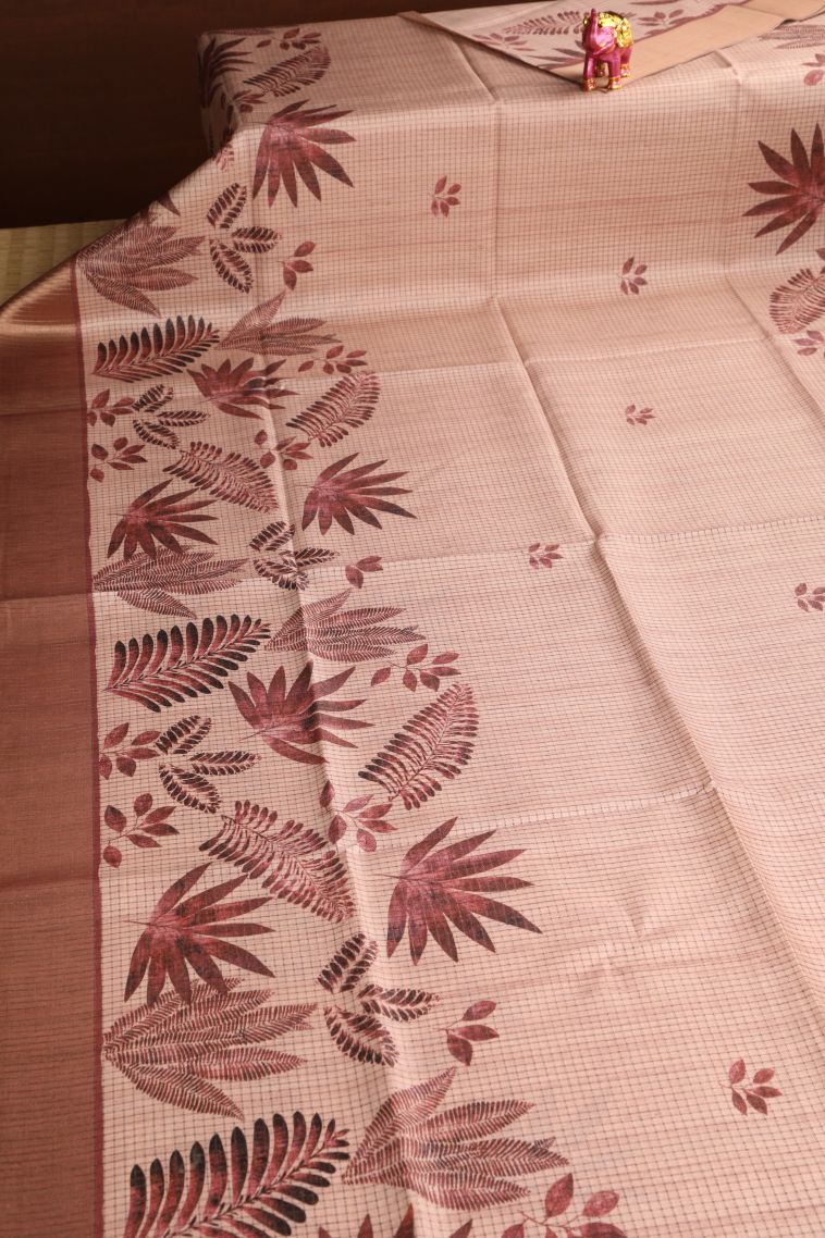 Flamingo Pink Semi Tussar Silk with Gold Zari Leaf Pattern view 2